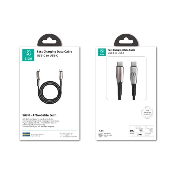 SiGN PD USB-C till USB-C Kabel, 1.2m, 3A, 60W - Svart - Bild 6