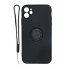 iPhone 11 Soft Liquid Silicone Case With Magnetic Ring Holder Stand and Slim Hands Strap Best Quality Black