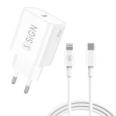 SiGN iPhone USB-C PD Snabbladdare 20W med USB-C till Lightning-kabel, 2m - Vit