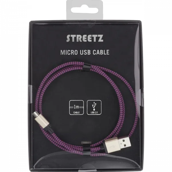 USB-synk-/laddarkabel, tygklädd, USB Typ A ha - USB Micro B ha, 1m, lila. - Bild 2